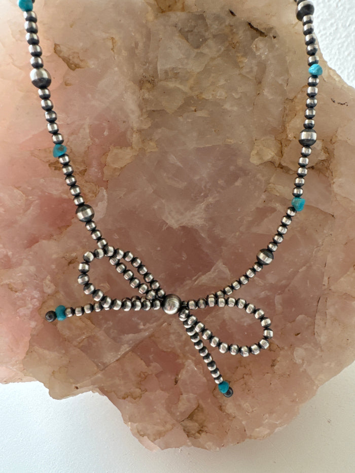 16" Bow Turquoise Navajo Pearls Necklace – Handcrafted Sterling Silver