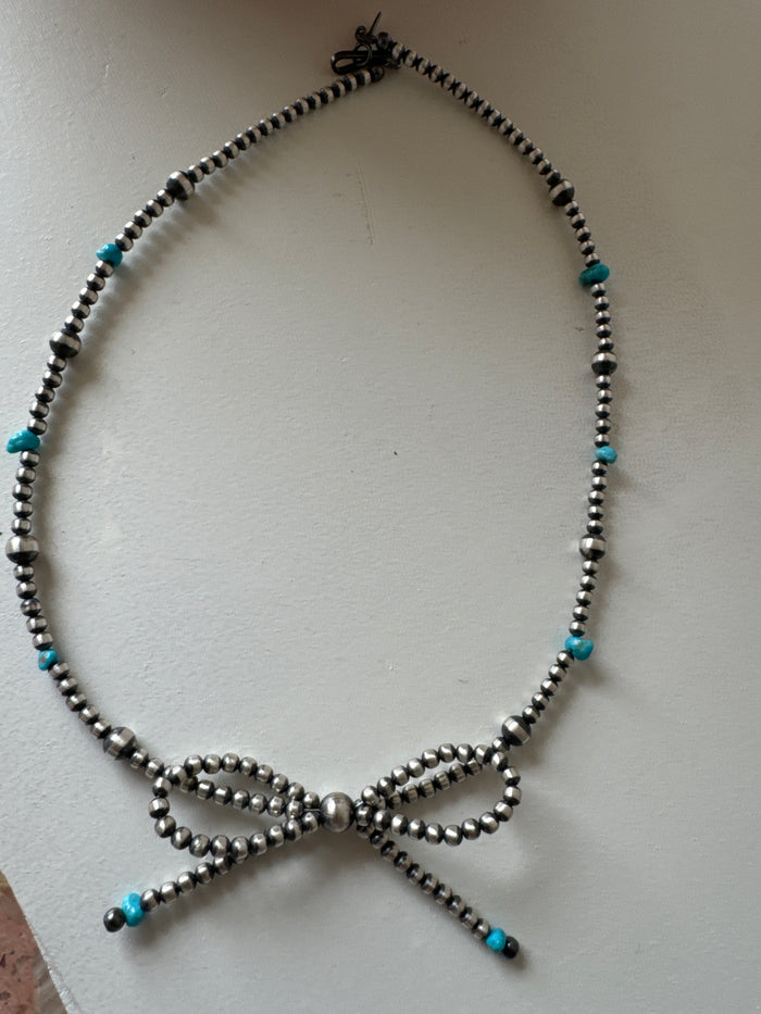 16" Bow Turquoise Navajo Pearls Necklace – Handcrafted Sterling Silver