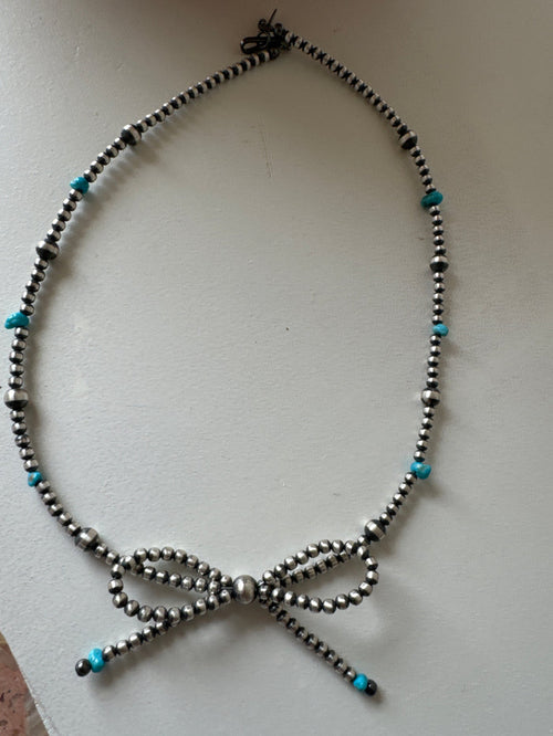 16" Bow Turquoise Navajo Pearls Necklace – Handcrafted Sterling Silver