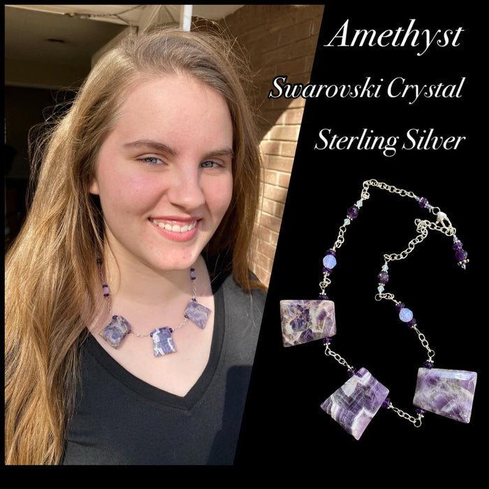 20" Amethyst, Swarovski Crystal & Sterling Silver Statement Necklace