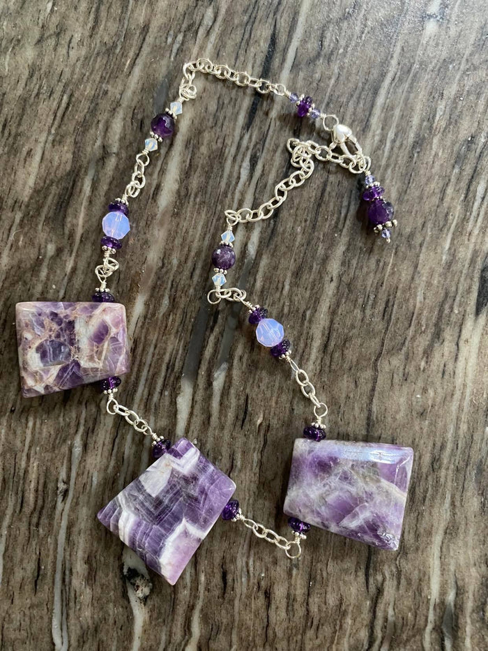 20" Amethyst, Swarovski Crystal & Sterling Silver Statement Necklace