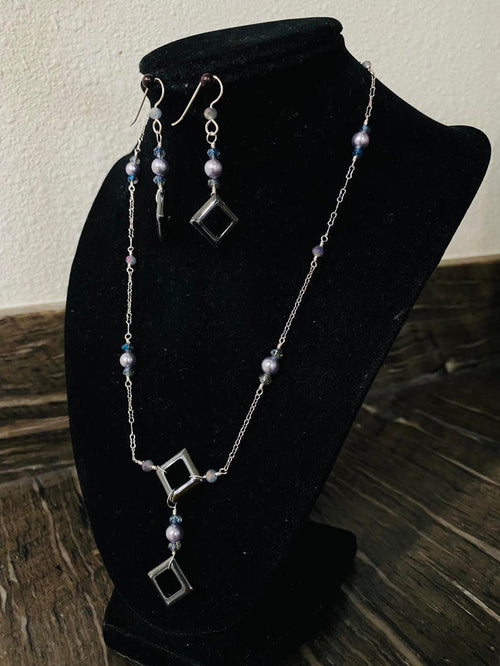 20" Chain with 2" Hematite Pendant with Swarvoski Pearl and Czech Glass #B