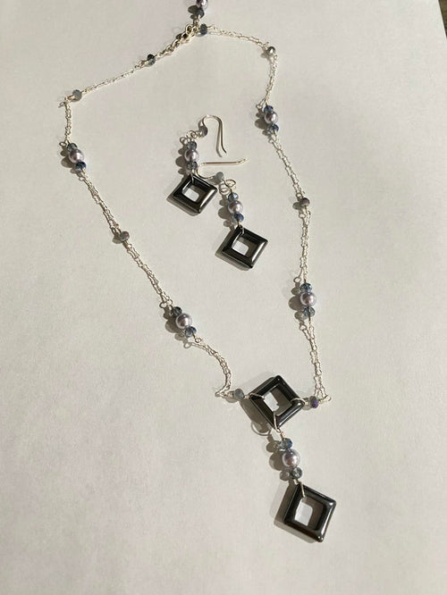 20" Chain with 2" Hematite Pendant with Swarvoski Pearl and Czech Glass #B