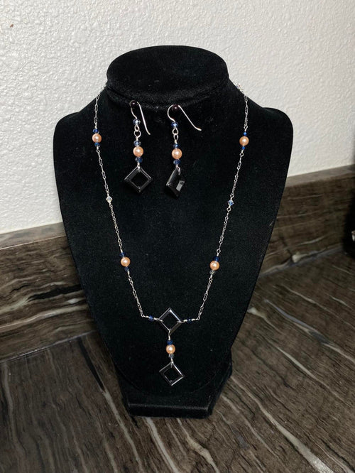 20" Chain with 2" Hematite Pendant with Swarvoski Pearl and Czech Glass