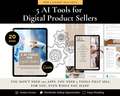 Canva editable ebook mockup showing 5 AI Tools for Digital Product Sellers guide with 20 pages and resell rights.