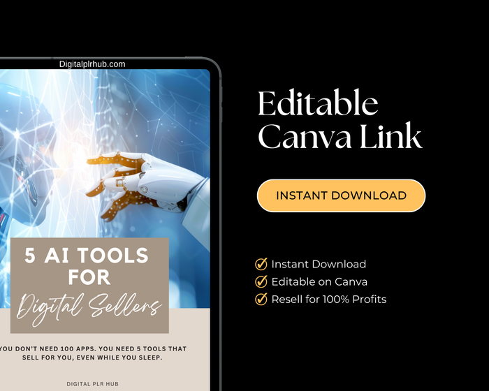 Ebook mockup of 5 AI Tools for Digital Product Sellers with instant download, editable Canva link, and 100% resale rights.