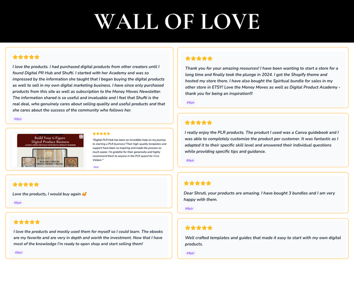 Customer testimonials for Passive Income Course showing successful digital product sellers sharing results and positive reviews.