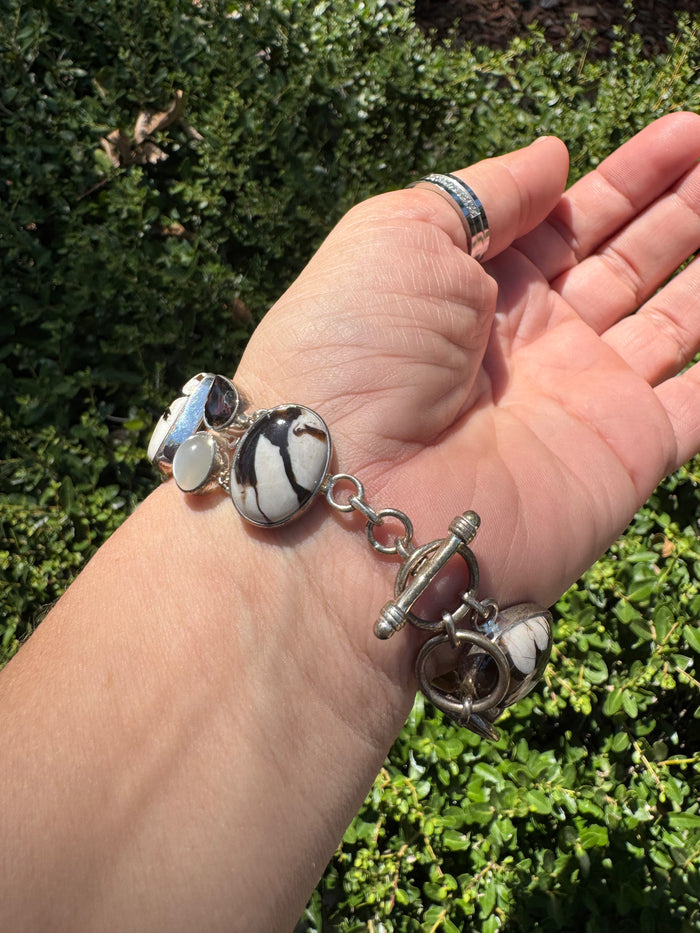🌿 Peanut Wood, Moonstone & Smoky Quartz Sterling Silver Bracelet