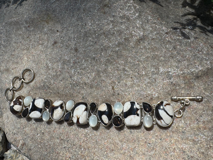 🌿 Peanut Wood, Moonstone & Smoky Quartz Sterling Silver Bracelet