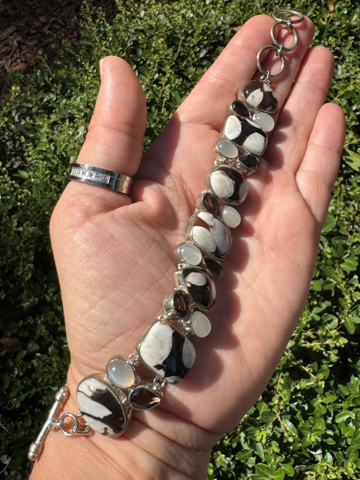 🌿 Peanut Wood, Moonstone & Smoky Quartz Sterling Silver Bracelet