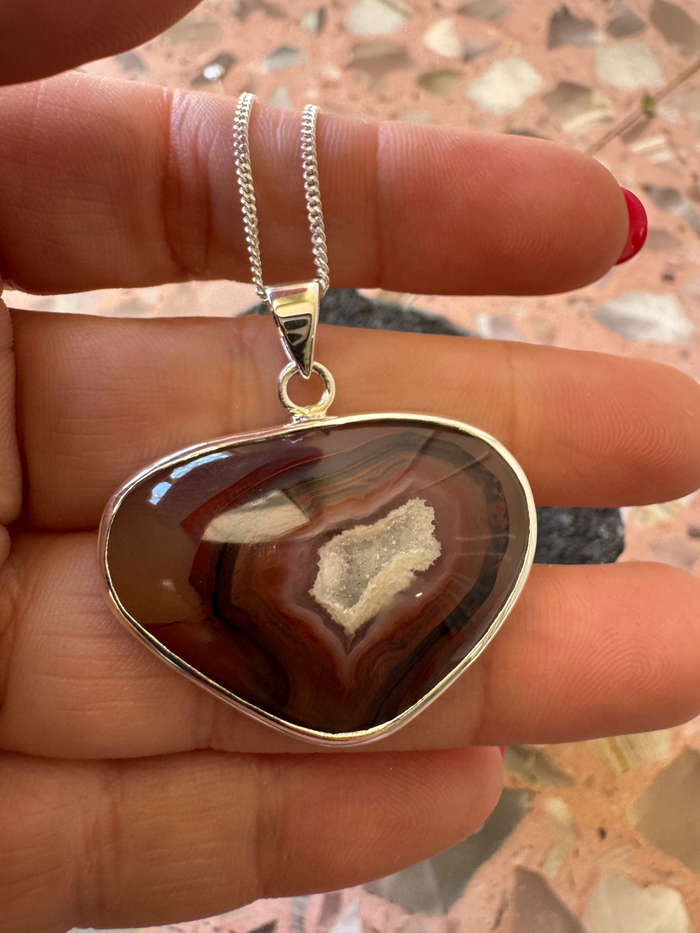 Old Stock Red Banded Druzy Agate Pendant in 925 Sterling Silver