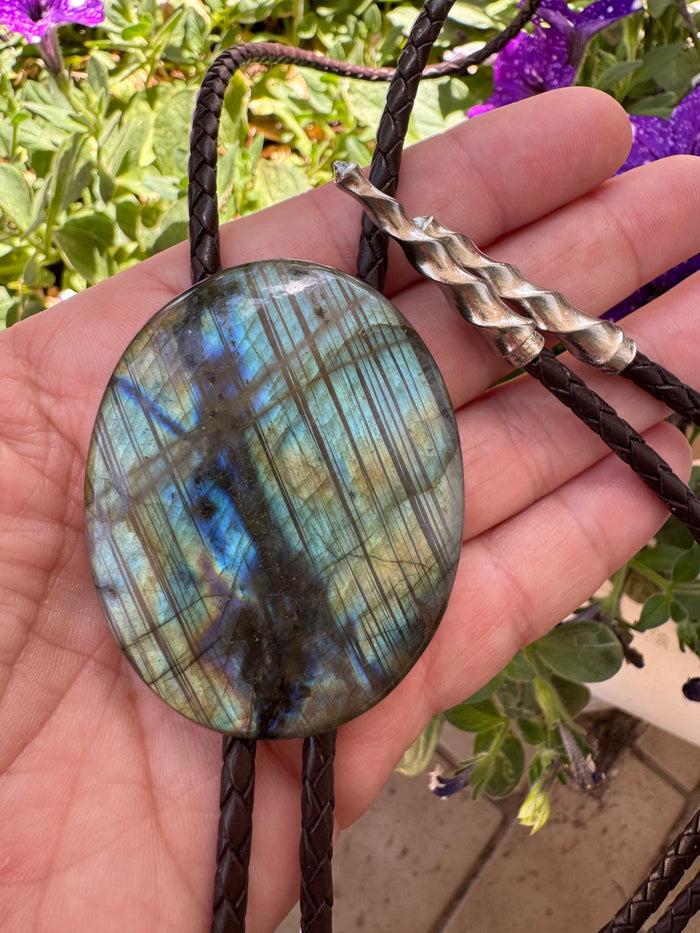 Labradorite Brown Leather Sterling Silver Tip Bolo Tie