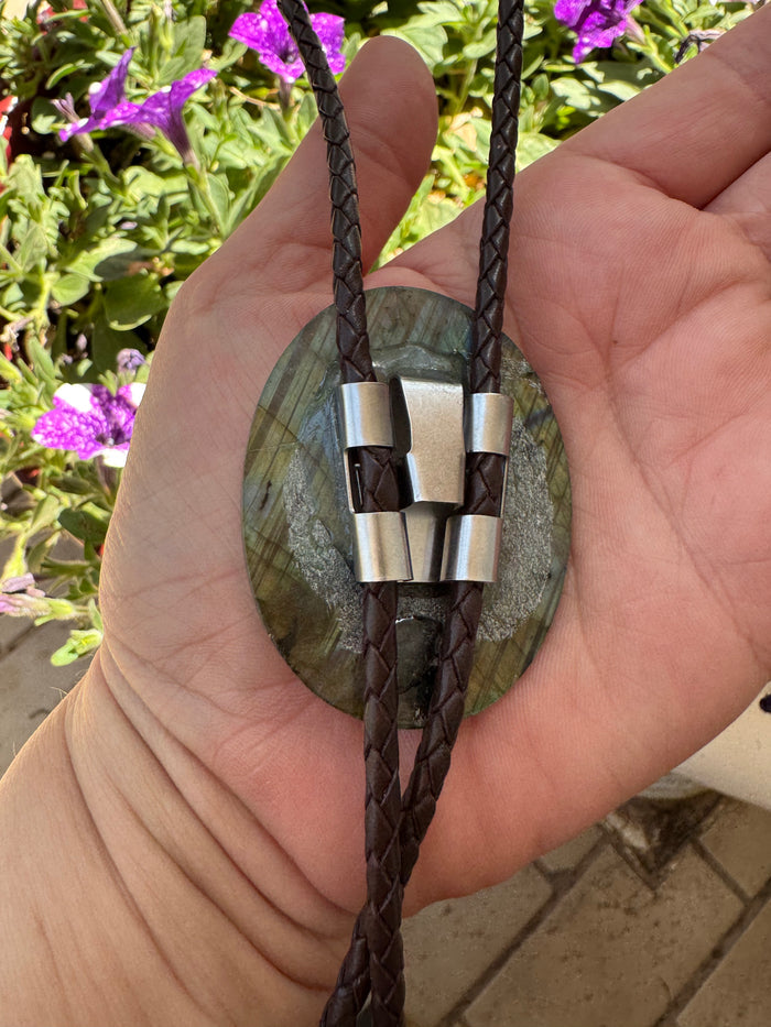 Labradorite Brown Leather Sterling Silver Tip Bolo Tie