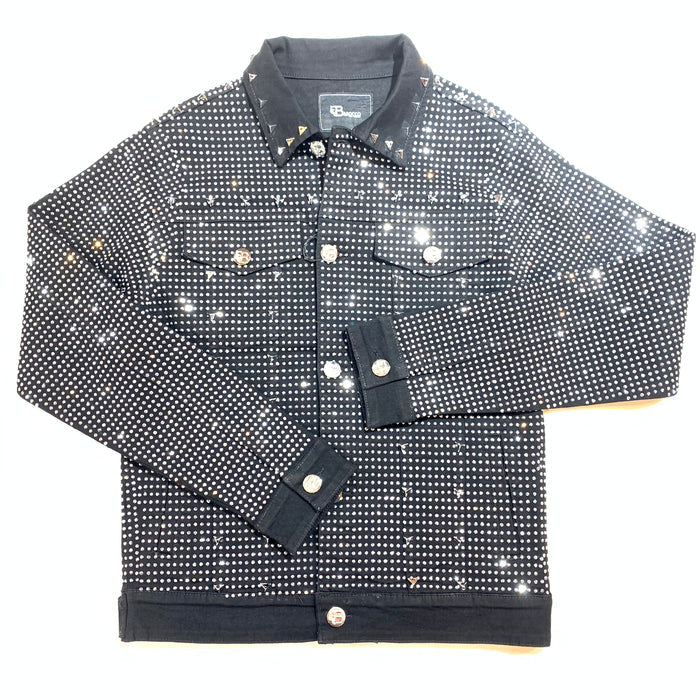 Barocco Black Fully Loaded White Crystal Spiked Jean Jacket - Dudes Boutique
