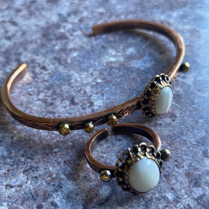 Adjustable Copper Bracelet and Ring - Moonstone