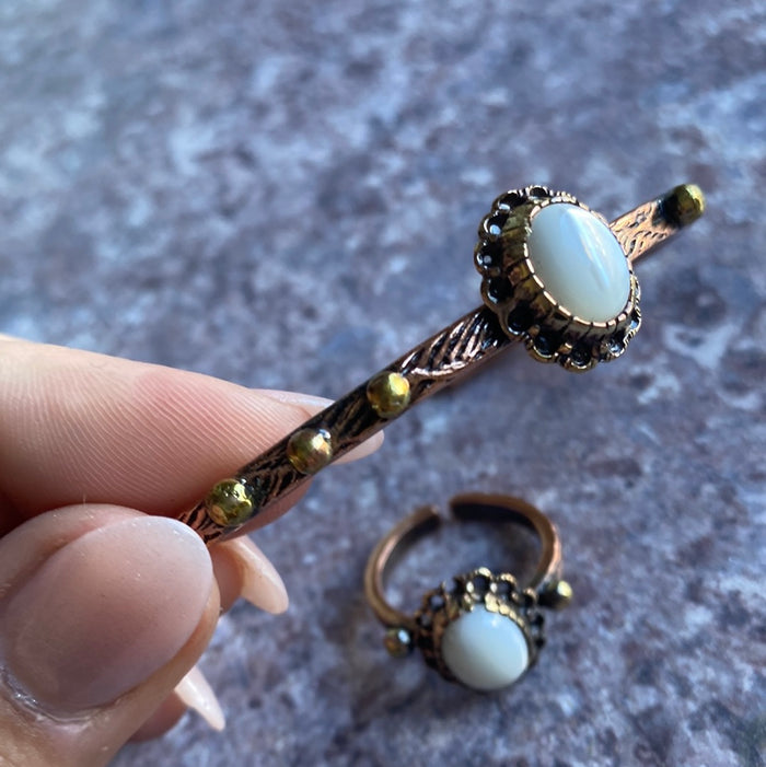 Adjustable Copper Bracelet and Ring - Moonstone