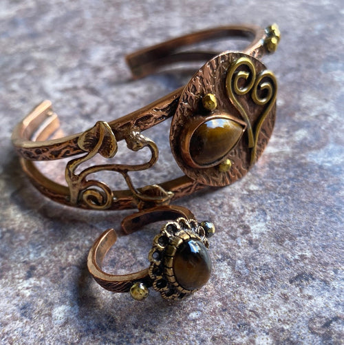 Adjustable Copper Bracelet and Ring - Tigers Eye