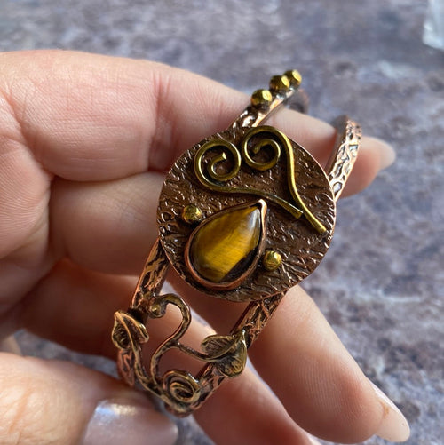 Adjustable Copper Bracelet and Ring - Tigers Eye