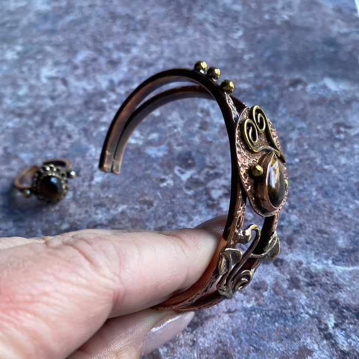 Adjustable Copper Bracelet and Ring - Tigers Eye