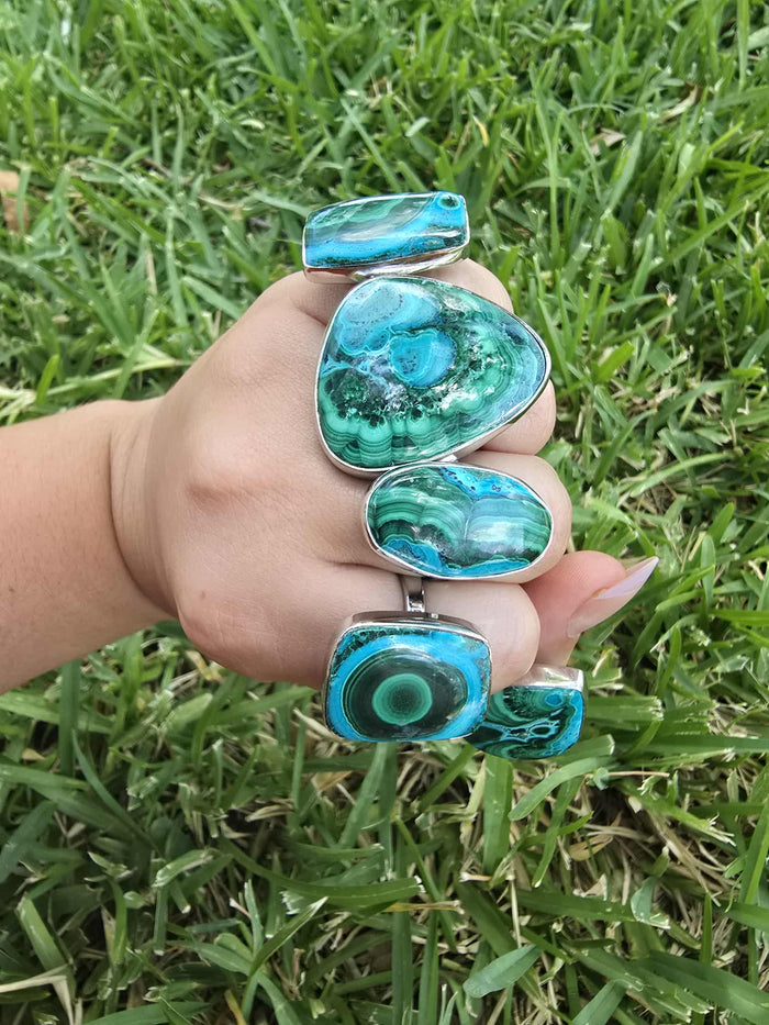 Adjustable Malachite Azurite Ring – 925 Sterling Silver (Multiple Options)