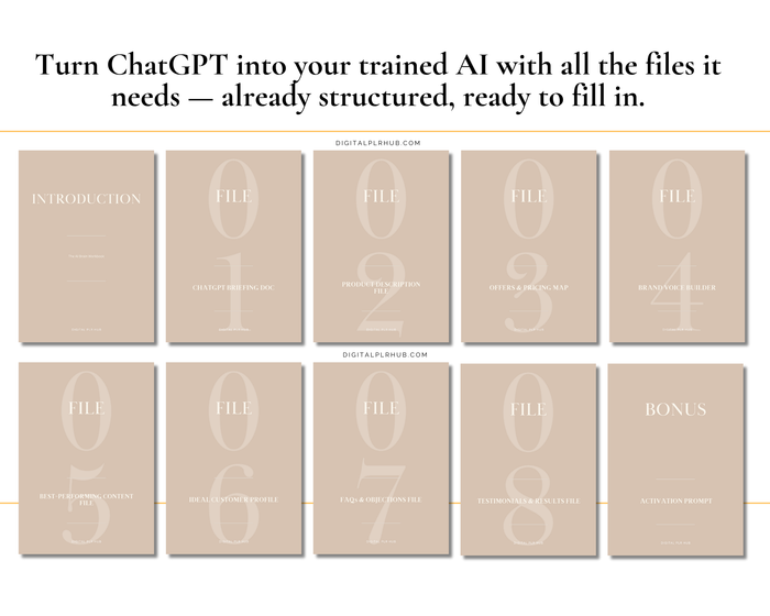 Complete AI training file system showing all files needed to train ChatGPT on a business including briefing doc, brand voice builder, pricing map, and customer profile