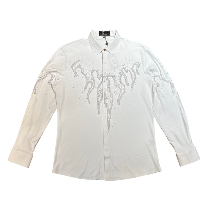 Barocco White Crystal Golden Flame Button Up Shirt - Dudes Boutique