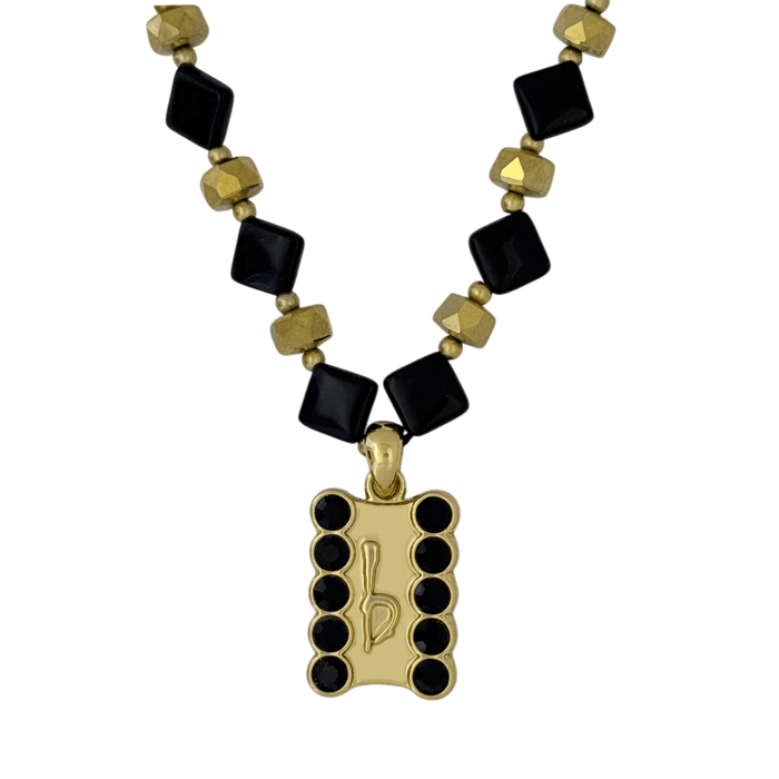 b.b. Simon ‘b’ Logo Beaded Necklace-Jet- Gold - Dudes Boutique