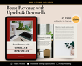 Boost Revenue with Upsells & Downsells eBook cover mockup showing editable Canva template with 27 pages and resell rights