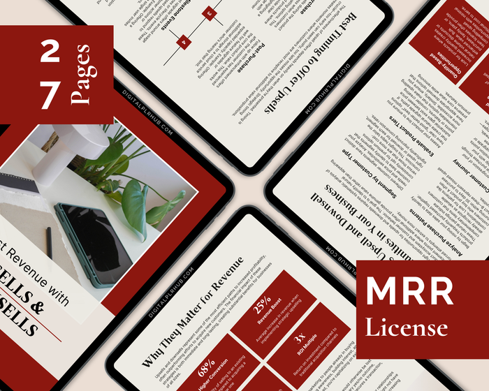 Multiple page preview of Upsells & Downsells eBook showing strategy breakdown, templates, and marketing tips