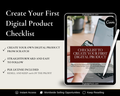 Tablet mockup showing the 'Checklist to Create Your First Digital Product' — includes instant access and PLR license. Create and resell your own digital product.