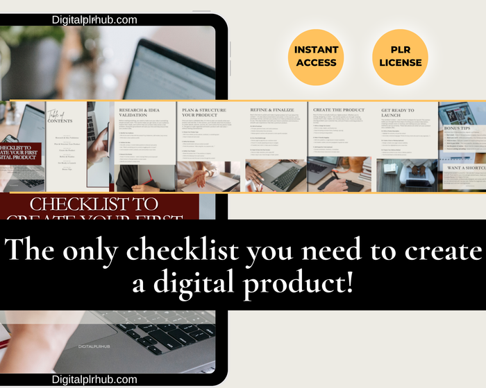 Editable Canva checklist preview with instant download and PLR rights. Includes six sections for building and launching your first digital product.