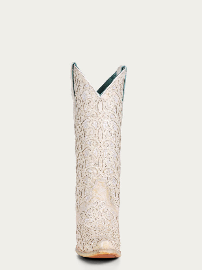 Corral Boots Women's White Glitter Overlay And Embroidery Triad Snip Toe Cowboy Boot - Dudes Boutique