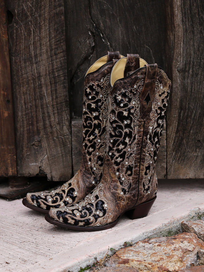 Corral Women's Black Glitter Inlay Crystal Snip Toe Cowboy Boots - Dudes Boutique