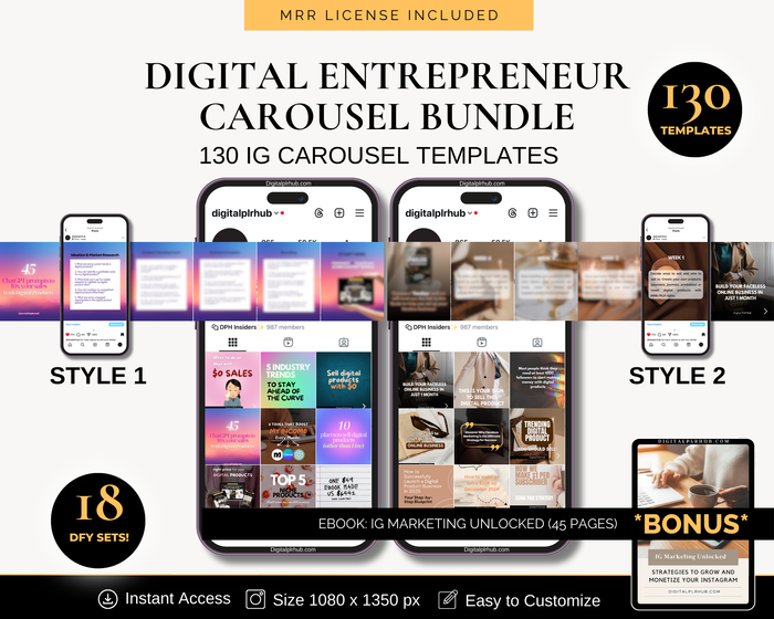 Preview of the Digital Entrepreneur Carousel Bundle featuring 130 ready-to-post Instagram templates designed for engagement and conversions.