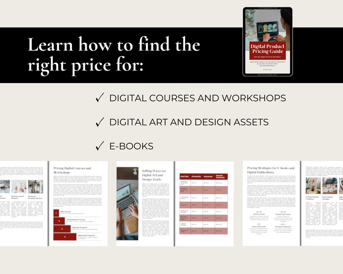A sneak peek inside the Digital Product Pricing Guide. Learn value-based pricing, tiered pricing models, and competitor research to sell more digital products. Works for Digital Courses and Workshops, Digital art and Stock photos, eBooks Templates and Planners and Journals