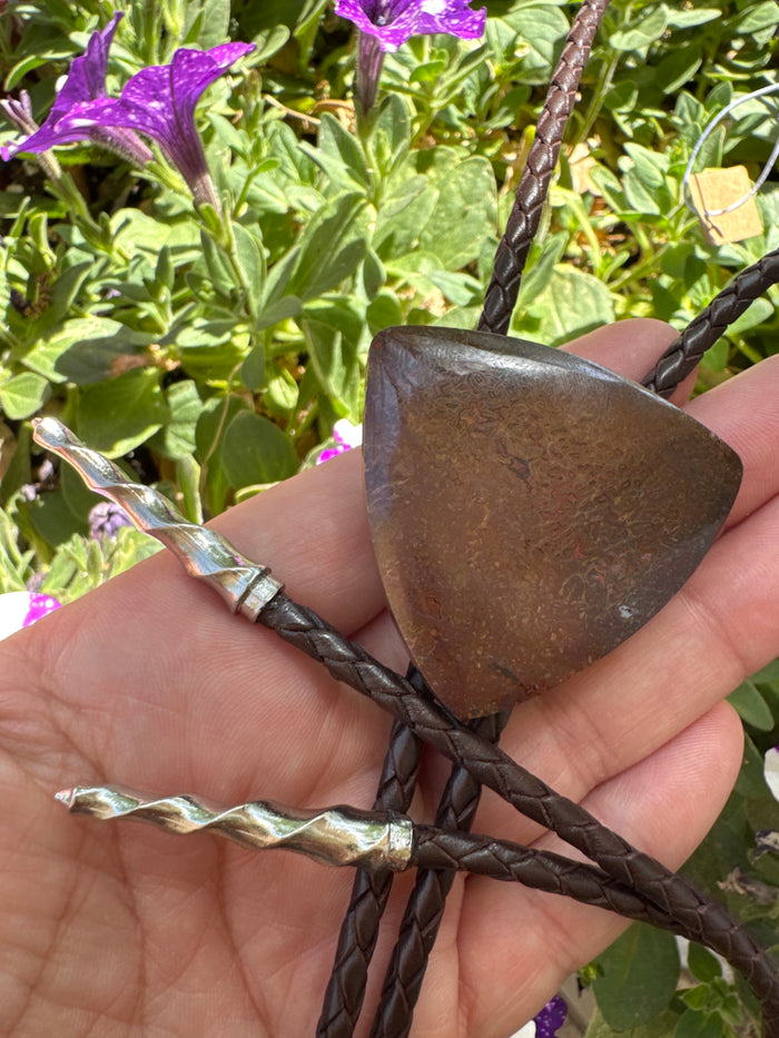 Dino Bone “Gem Bone” Brown Leather Sterling Silver Tip Bolo Tie
