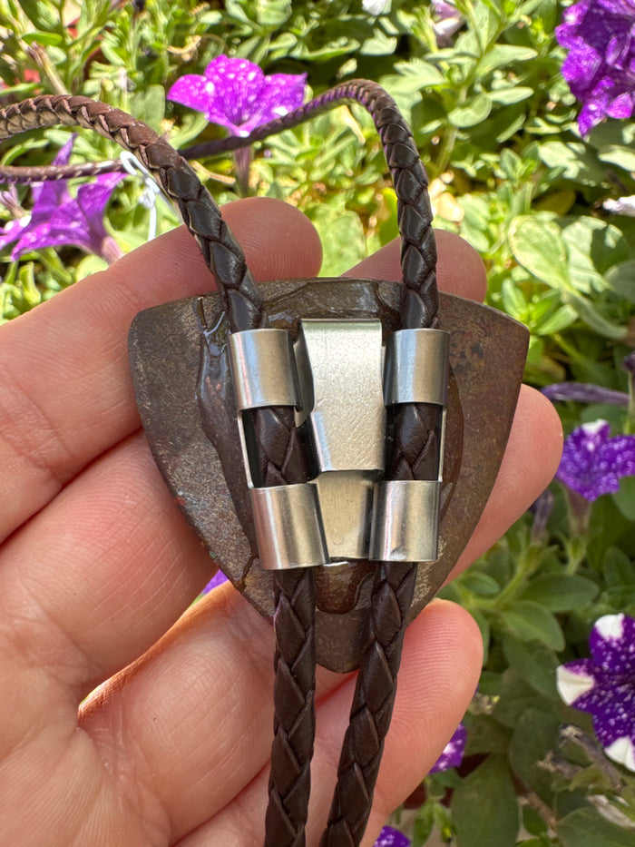 Dino Bone “Gem Bone” Brown Leather Sterling Silver Tip Bolo Tie