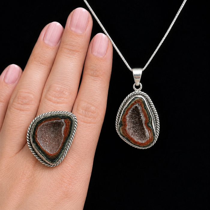 Druzy Agate Ring Size 9 and Pendant Necklace