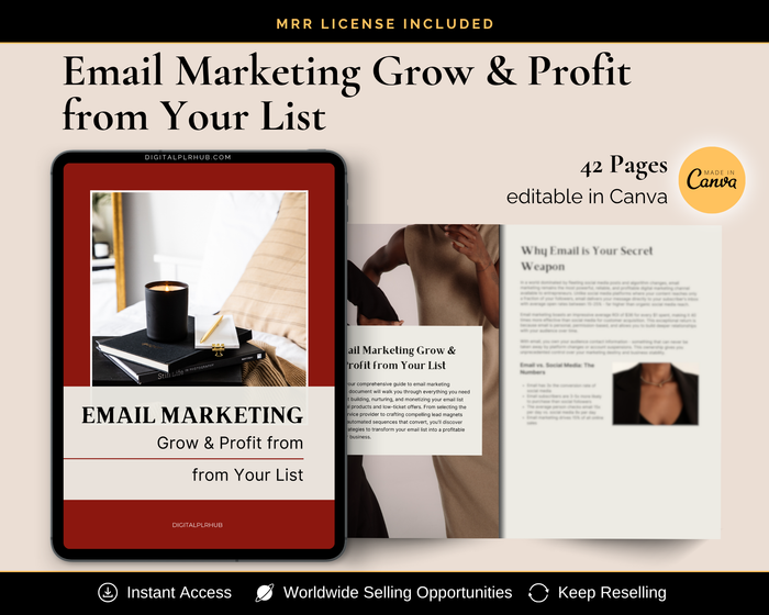 Email Marketing Grow & Profit from Your List eBook cover – PLR and MRR license included, 42 editable Canva pages