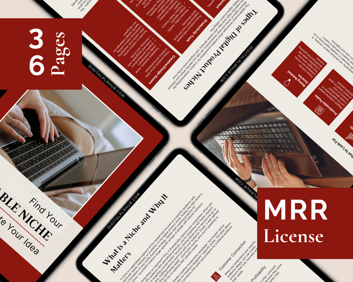 Inside preview of PLR eBook pages showing niche validation strategies, digital product examples, and customer connection methods