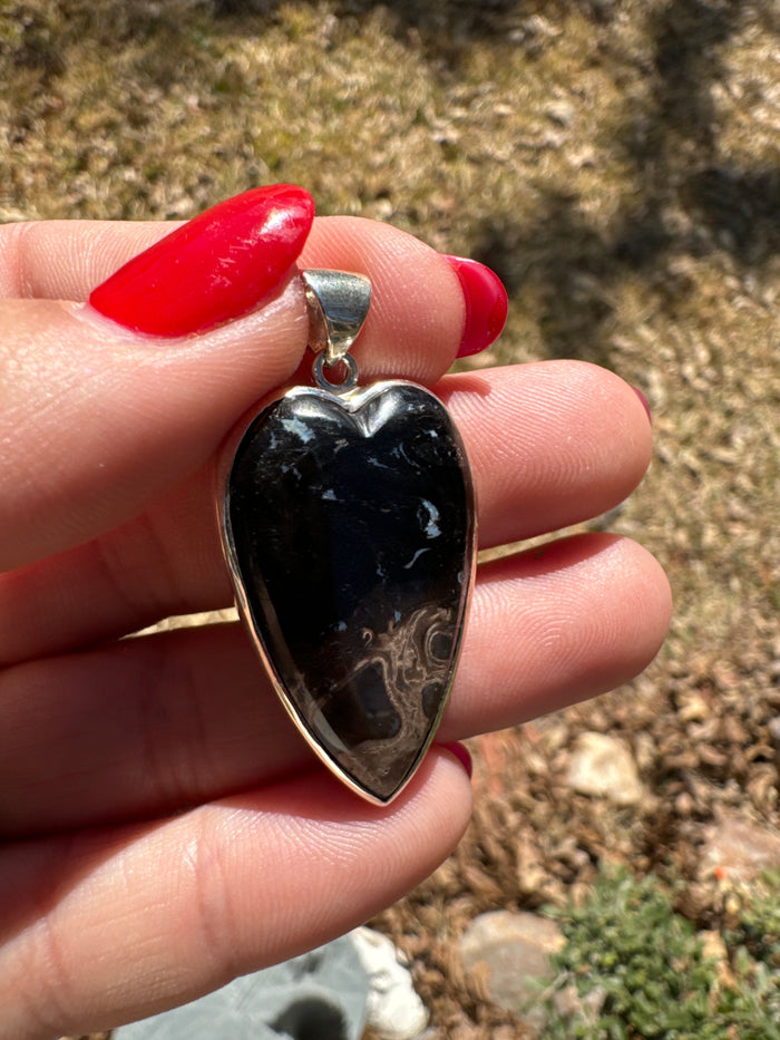 Fossilized Palm Root Heart Pendant in 925 Sterling Silver