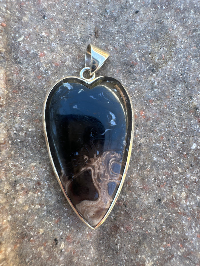 Fossilized Palm Root Heart Pendant in 925 Sterling Silver