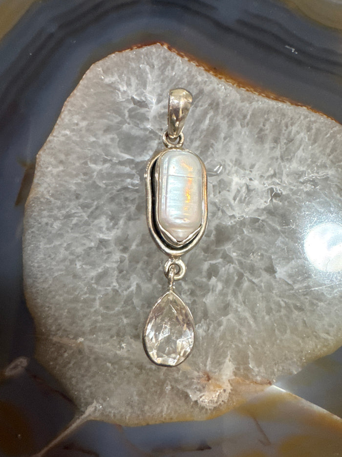 Freshwater Pearl with Herkimer Diamond Pendant with Sterling Silver