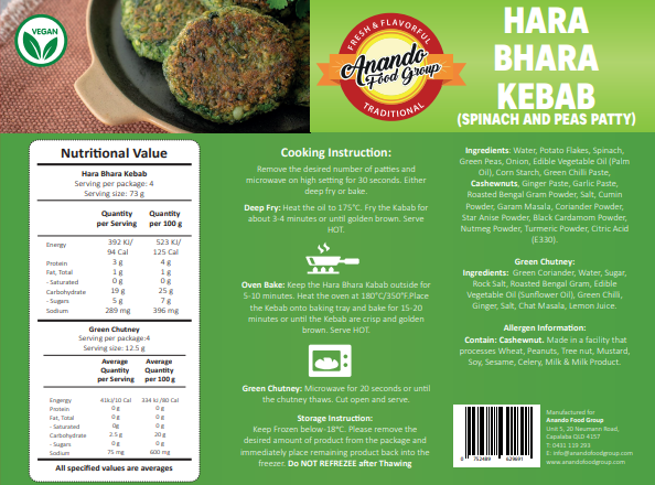 HARABHARA KEBAB WITH CHUTNEY 290G X 12 PACKS + (50G X 12 GREEN CHUTNEY)