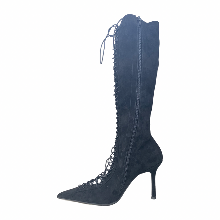 Jeffrey Campbell Disclose Black Suede Lace Up Knee Boots - Dudes Boutique
