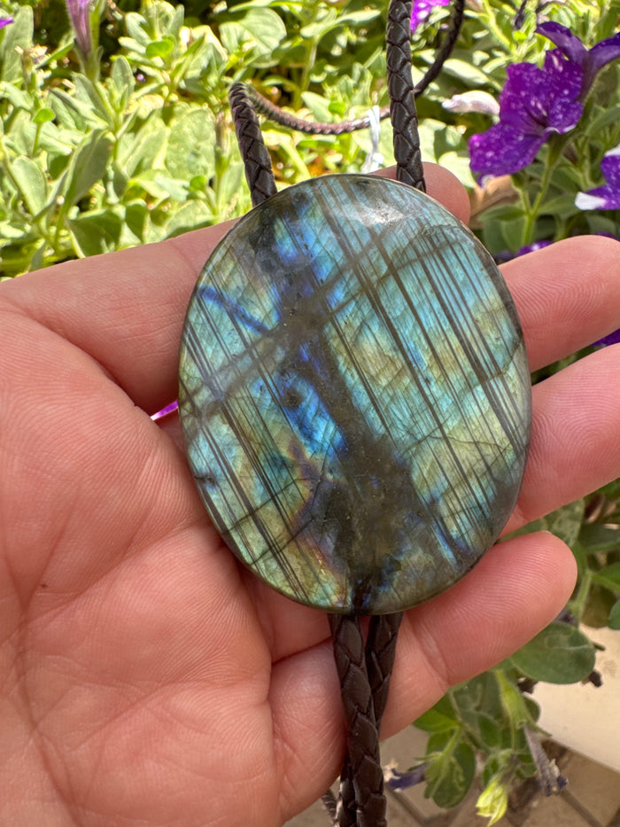 Labradorite Brown Leather Sterling Silver Tip Bolo Tie