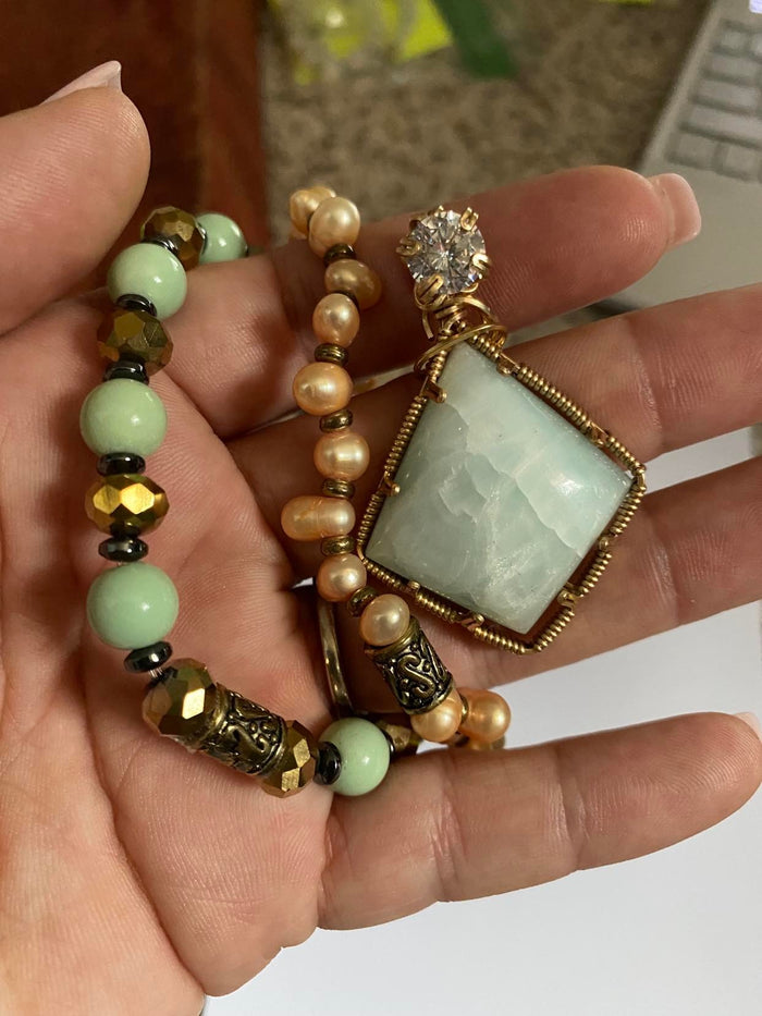 Michael Collings CZ Crystal Pendant and Bracelets. Mother of Pearl