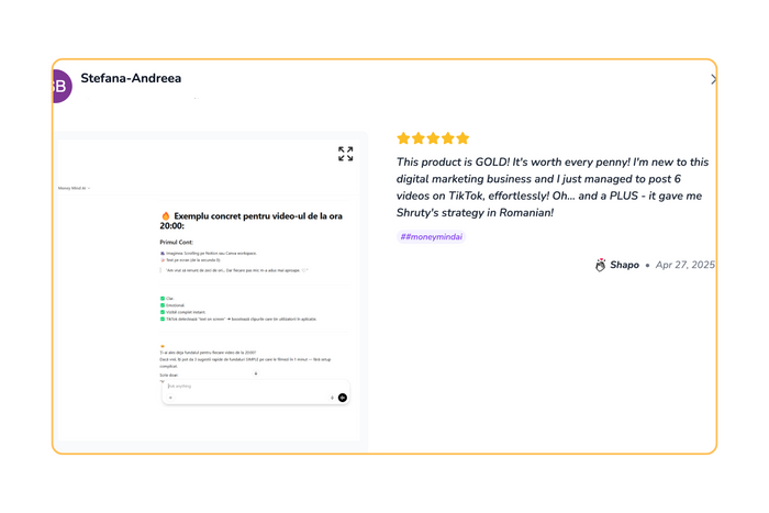 Screenshot of Money Mind AI customer testimonial and review