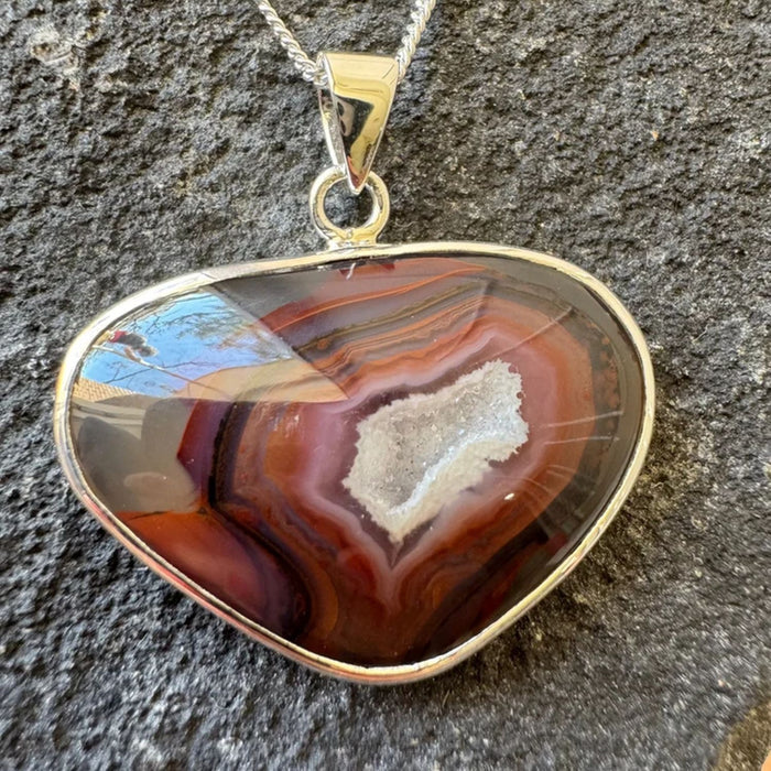 Old Stock Red Banded Druzy Agate Pendant in 925 Sterling Silver