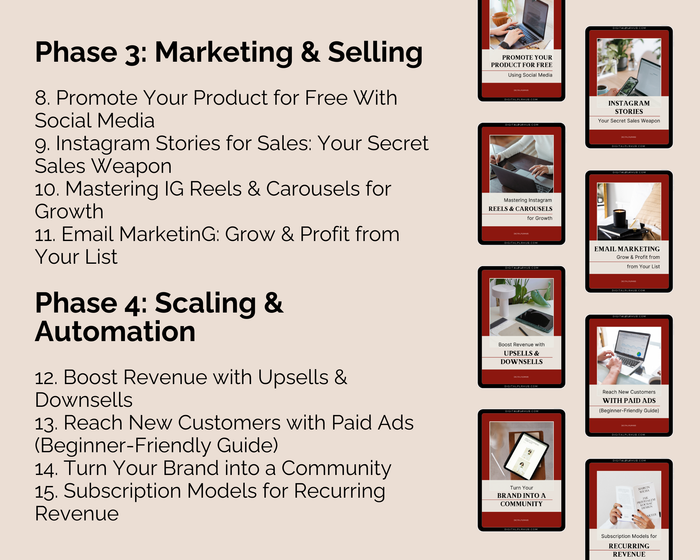 List of marketing and selling strategies with corresponding images on a beige background
